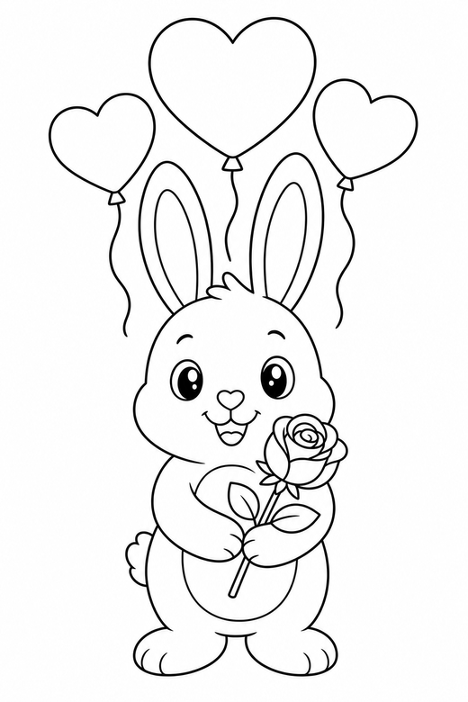 Bunny with a rose with balloons: A bunny with long ears holding a single rose with heart balloons above, free printable coloring page