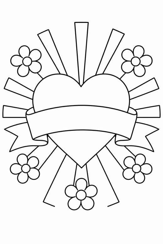 Heart banner with rays with flowers: A heart crossed by a blank banner with straight rays radiating outward with small flowers around it, free printable coloring page