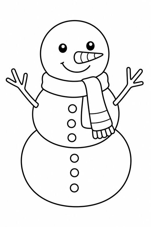 Snowman with a scarf: A snowman with a scarf, carrot nose and stick arms, free printable coloring page