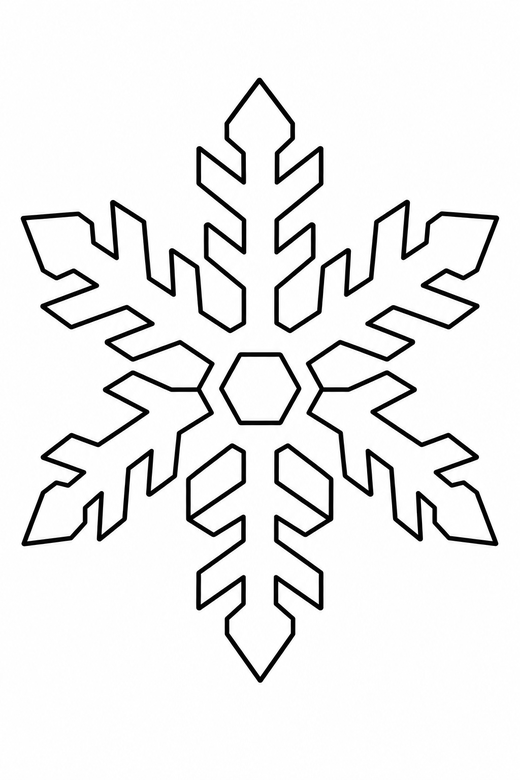 Snowflake close-up: A large six-sided snowflake with symmetrical branches, free printable coloring page