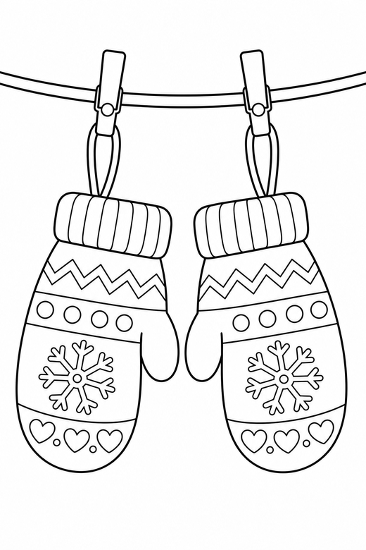 Mittens on a line: A pair of patterned mittens hanging on a line, free printable coloring page