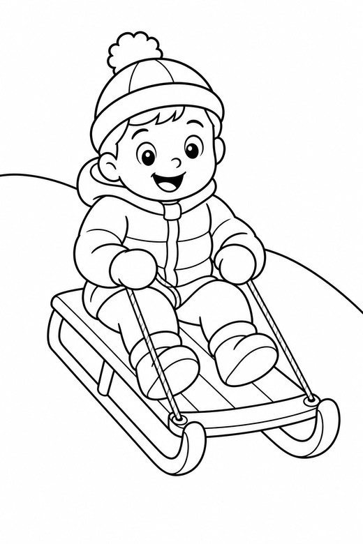Child on a sled: A child sitting on a sled going down a slope, free printable coloring page