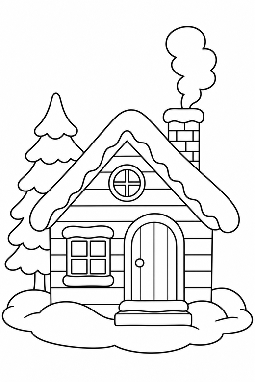Snowy cabin: A small cabin with snow on the roof and smoke from the chimney, free printable coloring page