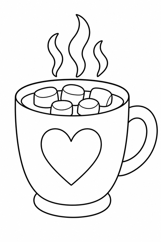 Hot cocoa mug: A mug of cocoa with marshmallows and steam, free printable coloring page