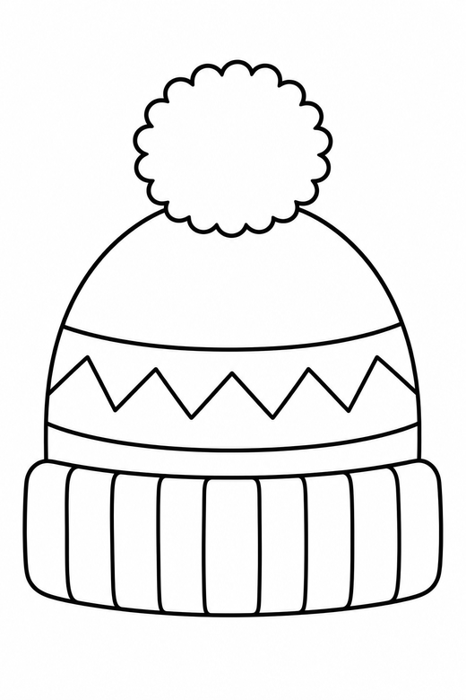 Winter hat and pompom: A knitted hat with a large pompom on top, free printable coloring page