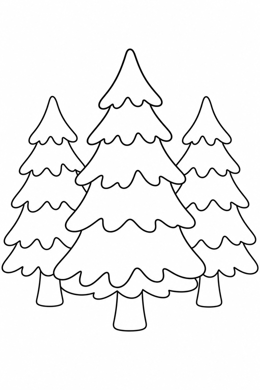 Snowy pine trees: Three pine trees with snow on their branches, free printable coloring page