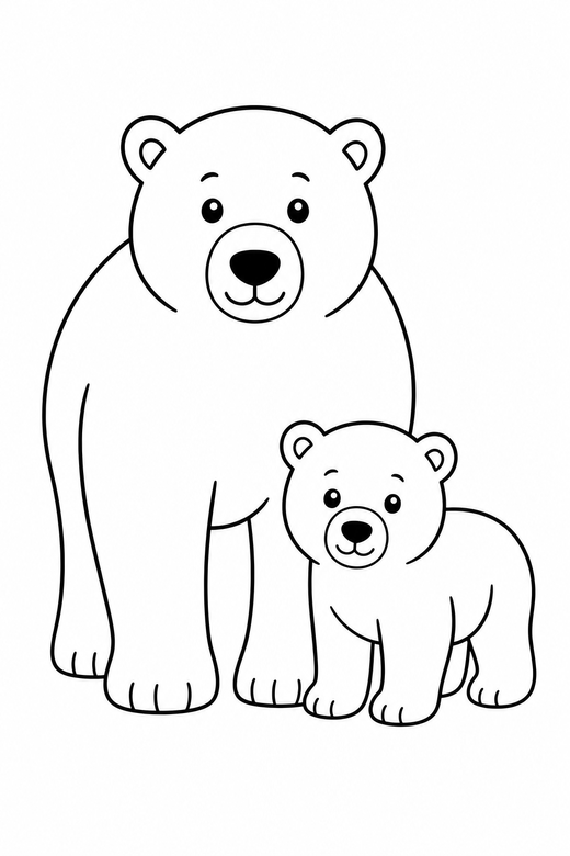 Polar bear and cub: A polar bear standing with a small cub beside it, free printable coloring page
