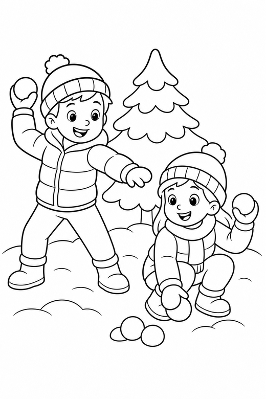 Snowball fight: Two children throwing snowballs, one crouching, free printable coloring page
