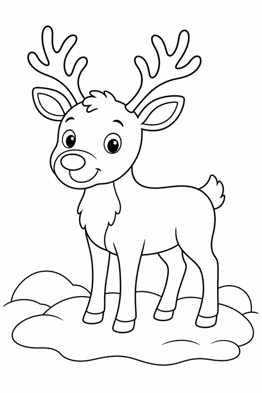 Reindeer in the snow: A reindeer with branching antlers standing in snow, free printable coloring page