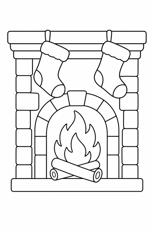 Fireplace with stockings: A fireplace with two stockings hanging above it, free printable coloring page