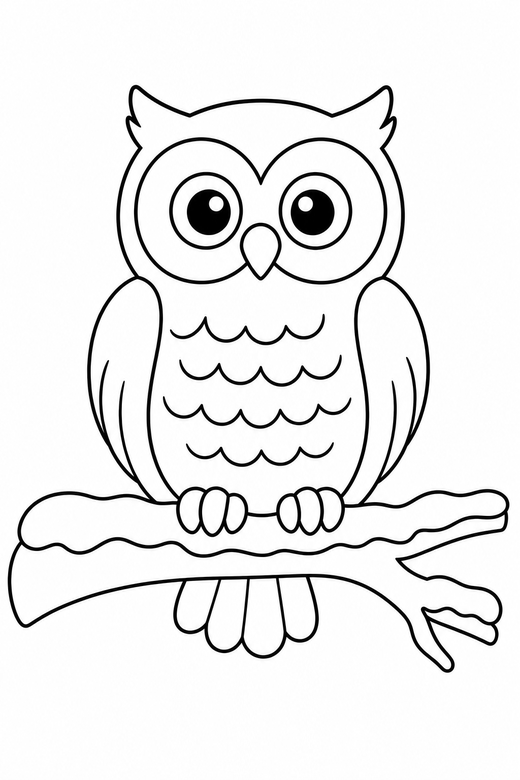 Owl on a snowy branch: An owl sitting on a branch covered with snow, free printable coloring page
