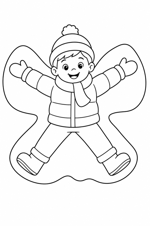 Snow angel: A child lying in the snow making a snow angel shape, free printable coloring page