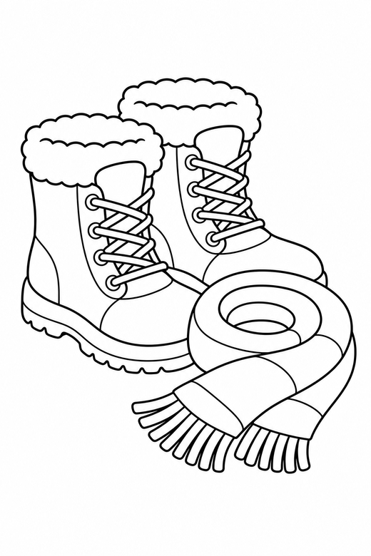 Warm boots and scarf: A pair of winter boots beside a coiled scarf, free printable coloring page