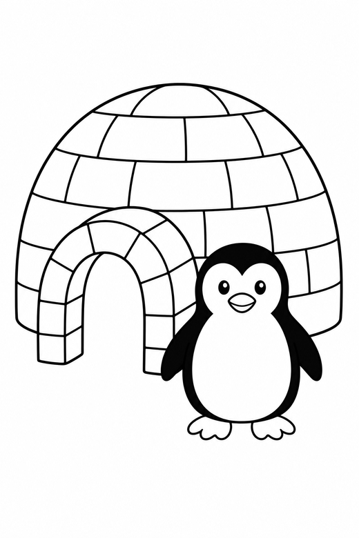 Igloo with a doorway: A dome igloo with an arched entrance and one penguin, free printable coloring page